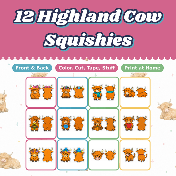 Highland Cow Paper Squishies, 12 Printable Designs, Shaggy Cow Calf with Bow, DIY Kids Craft
