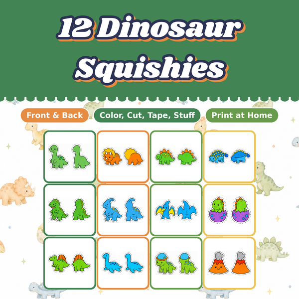 Dinosaur Paper Squishies, 12 Printable Designs, T Rex Triceratops Stegosaurus, DIY Kids Craft