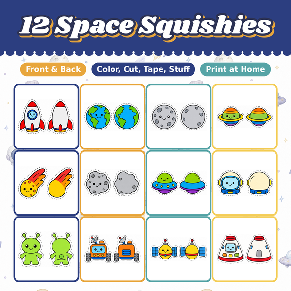 Space Paper Squishies, 12 Printable Designs, Rocket Planet Alien UFO, DIY Kids Craft