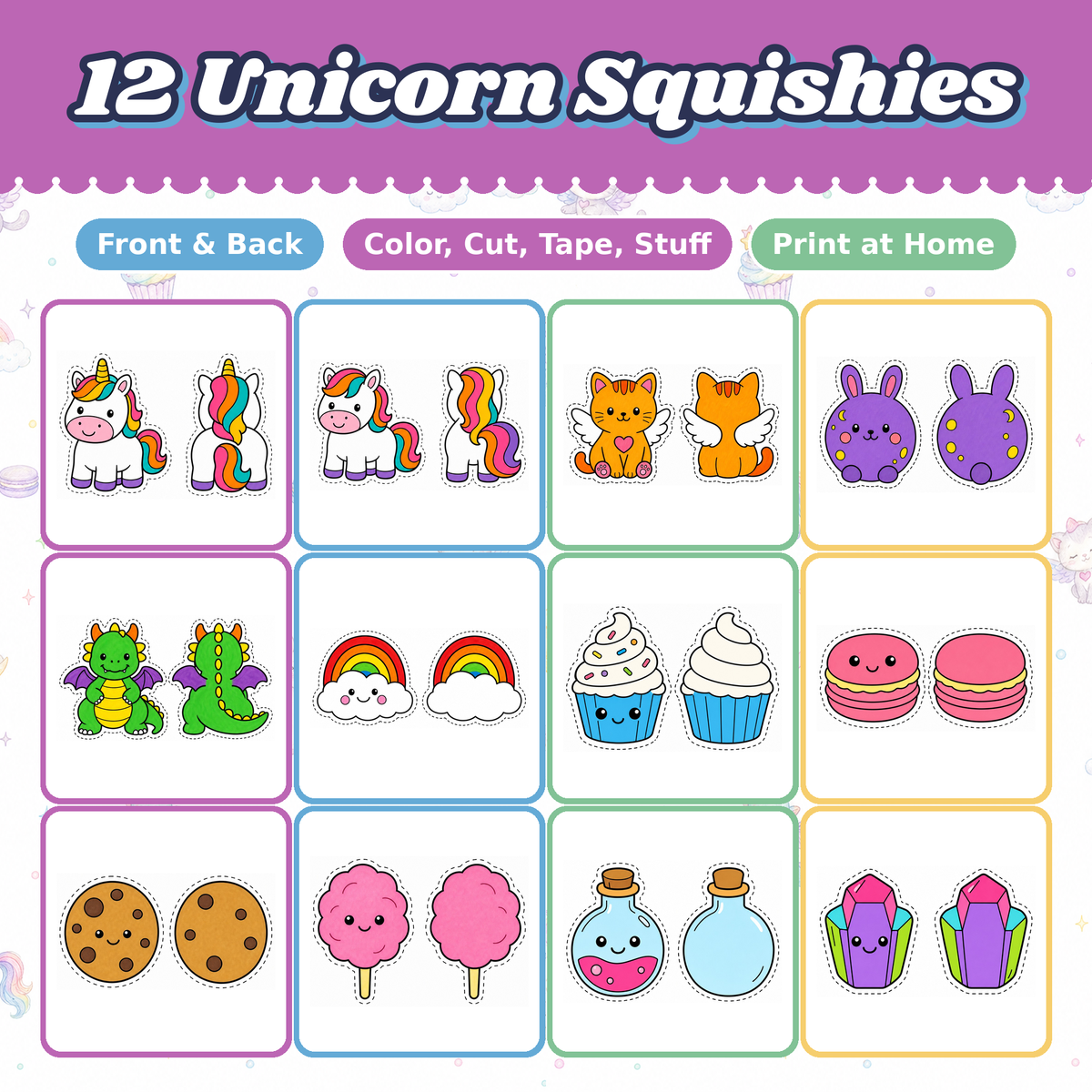 Unicorn Paper Squishies, 12 Printable Designs, Rainbow Dragon Kitten, DIY Kids Craft