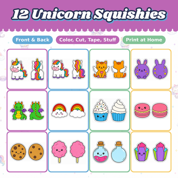 Unicorn Paper Squishies, 12 Printable Designs, Rainbow Dragon Kitten, DIY Kids Craft