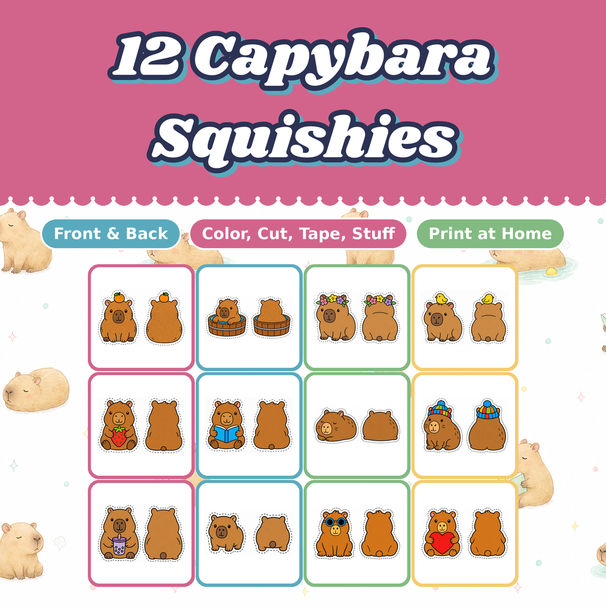 Capybara Paper Squishies, 12 Printable Designs, Chill Capybara with Orange, DIY Kids Craft