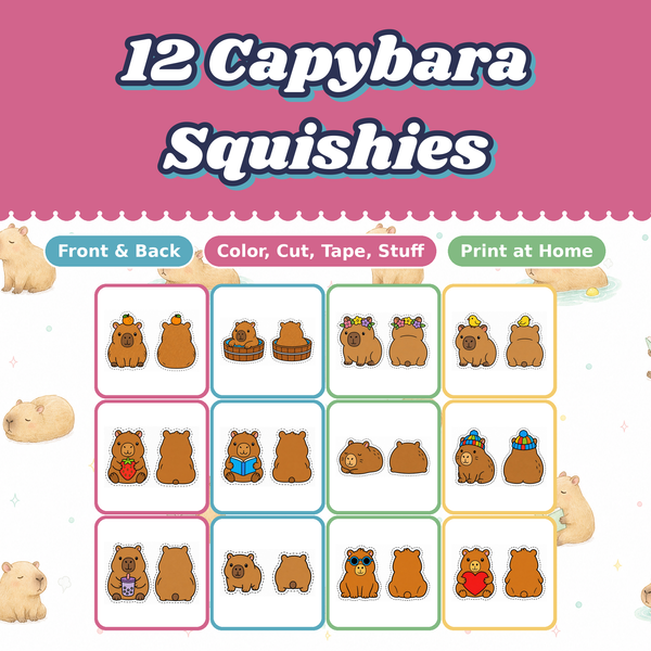 Capybara Paper Squishies, 12 Printable Designs, Chill Capybara with Orange, DIY Kids Craft