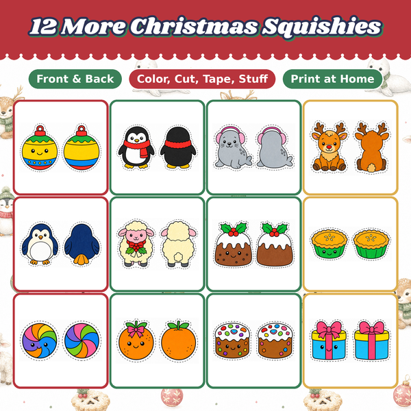 More Christmas Paper Squishies, 12 Printable Designs, Ornament Penguin Reindeer, DIY Kids Craft