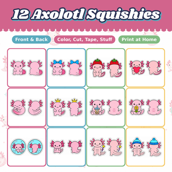Axolotl Paper Squishies, 12 Printable Designs, Pink Axolotl with Bow Crown, DIY Kids Craft