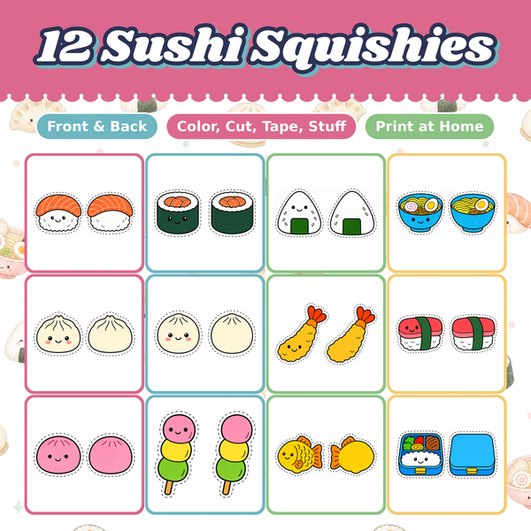 Sushi Paper Squishies, 12 Printable Kawaii Japanese Food Designs, Onigiri Ramen Mochi, DIY Kids Craft